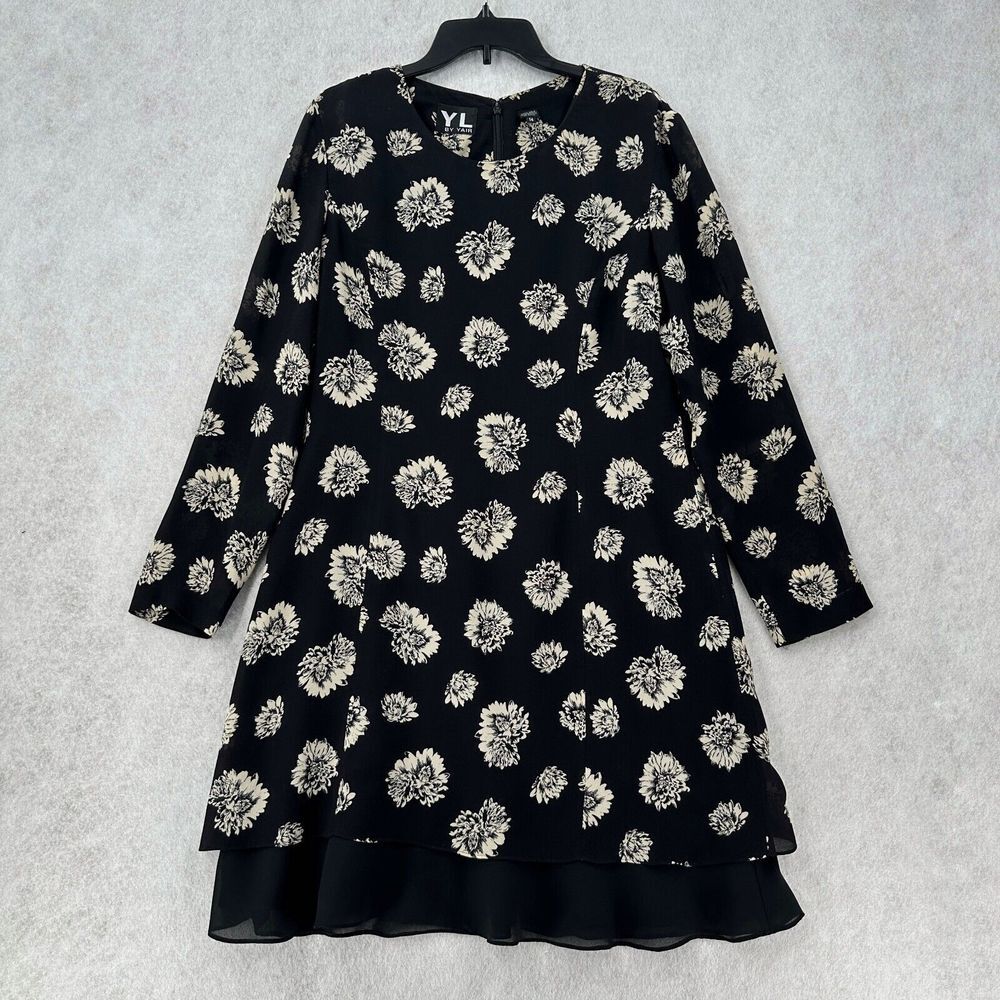 YL‎ By YAIR 100% Silk Shift Dress Womens 14 Tiered Floral Layered Long Sleeve